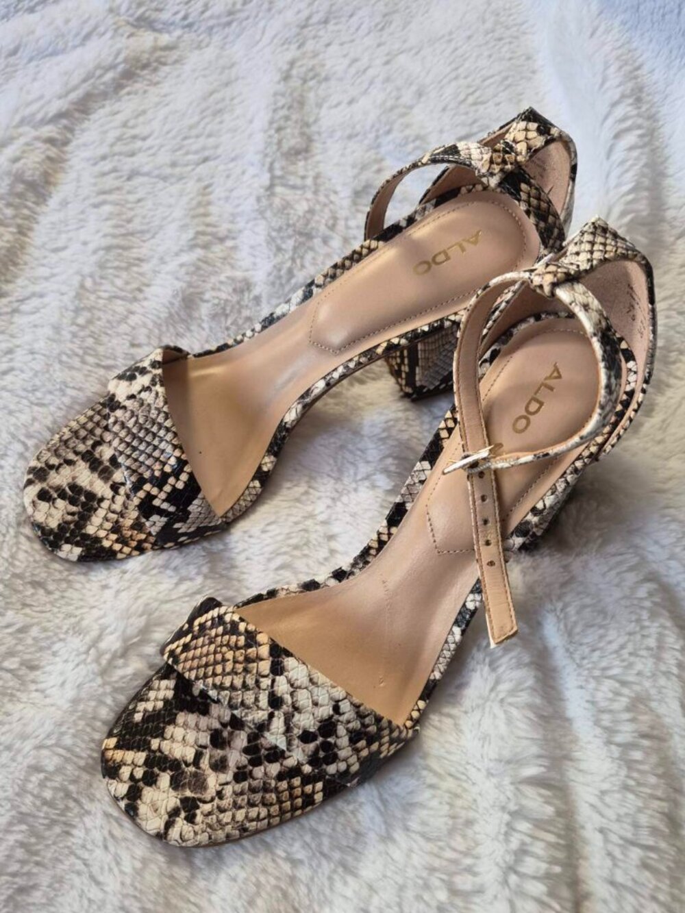 ALDO Brazil Snake Print Ankle Strap Block Heels 38 / 7.5